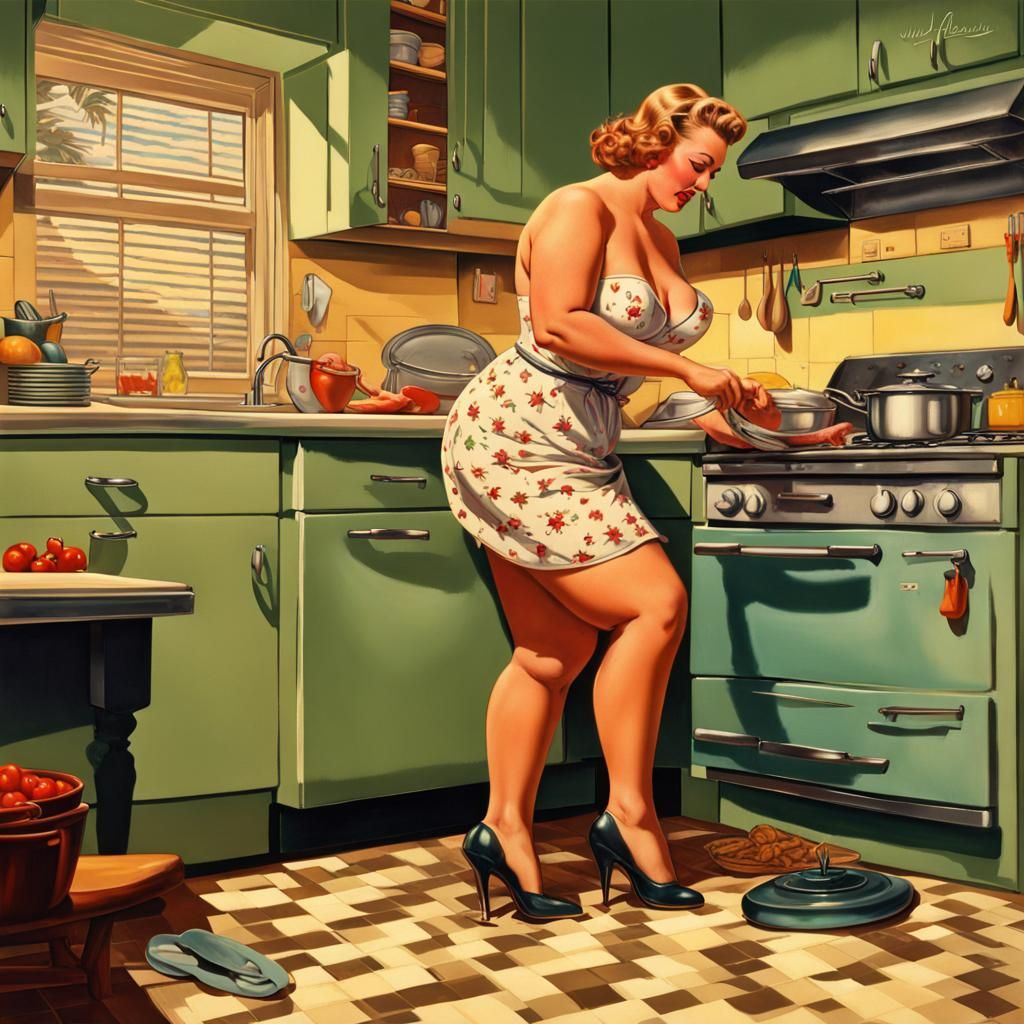 Plus Size Pin-Up Prepares Dinner: Hyperrealistic Splash Art