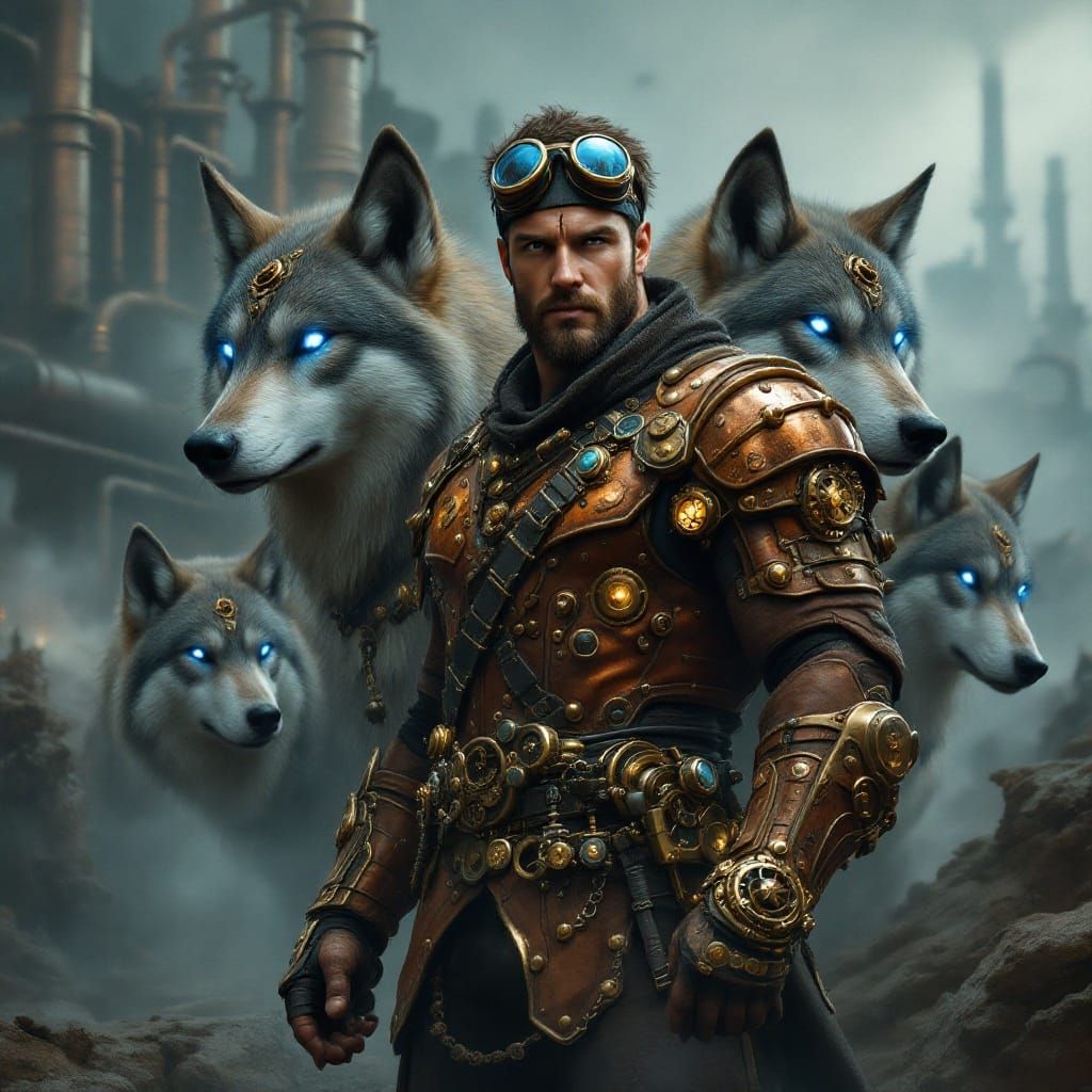 Steampunk Hunter Amidst Mechanized Wolves in Cityscape