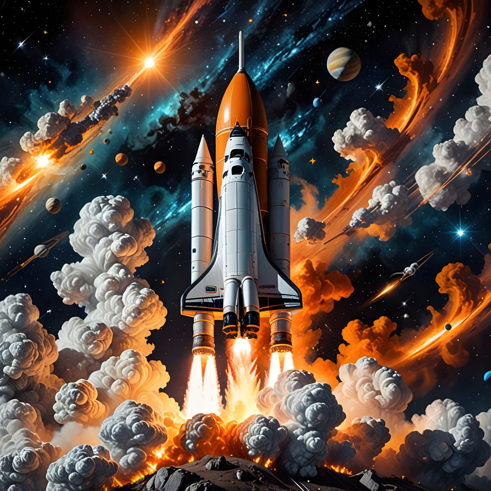 A  Rocket spaceship in Space.