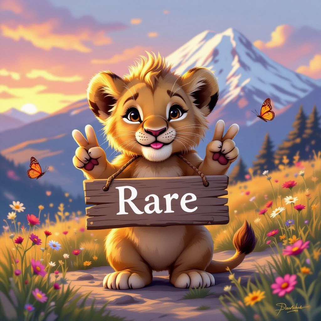 Cute Lion Cub Makes Kiss and Peace Sign at Sunset