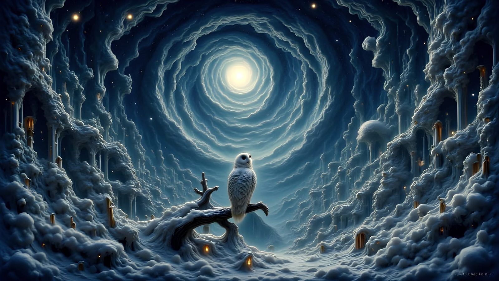 Snow Owl in Winter Garden Under Exploding Stars