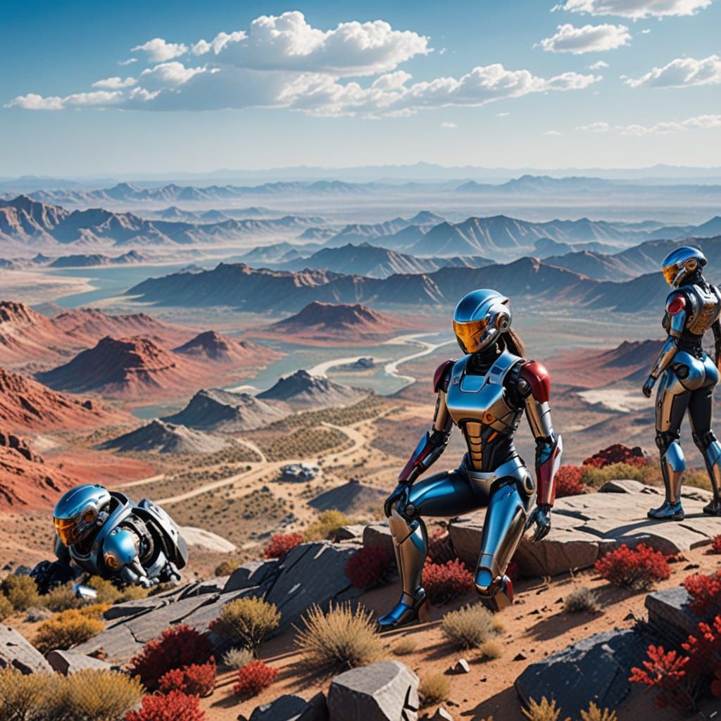 Cyborg Fembot Scientists in 3D Sci-Fi Terraforming Landscape