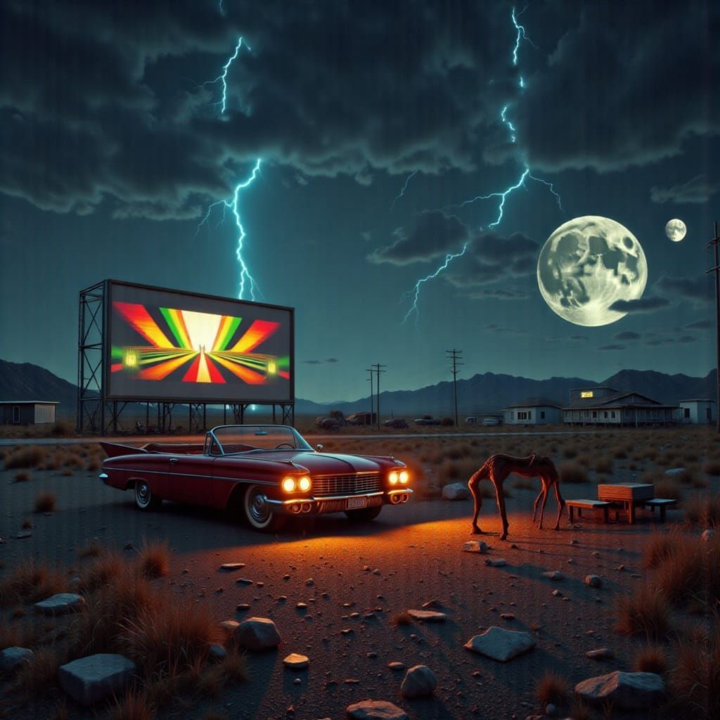 Deserted Drive-In Cinema at Night, Inspired by Cinematic Rea...