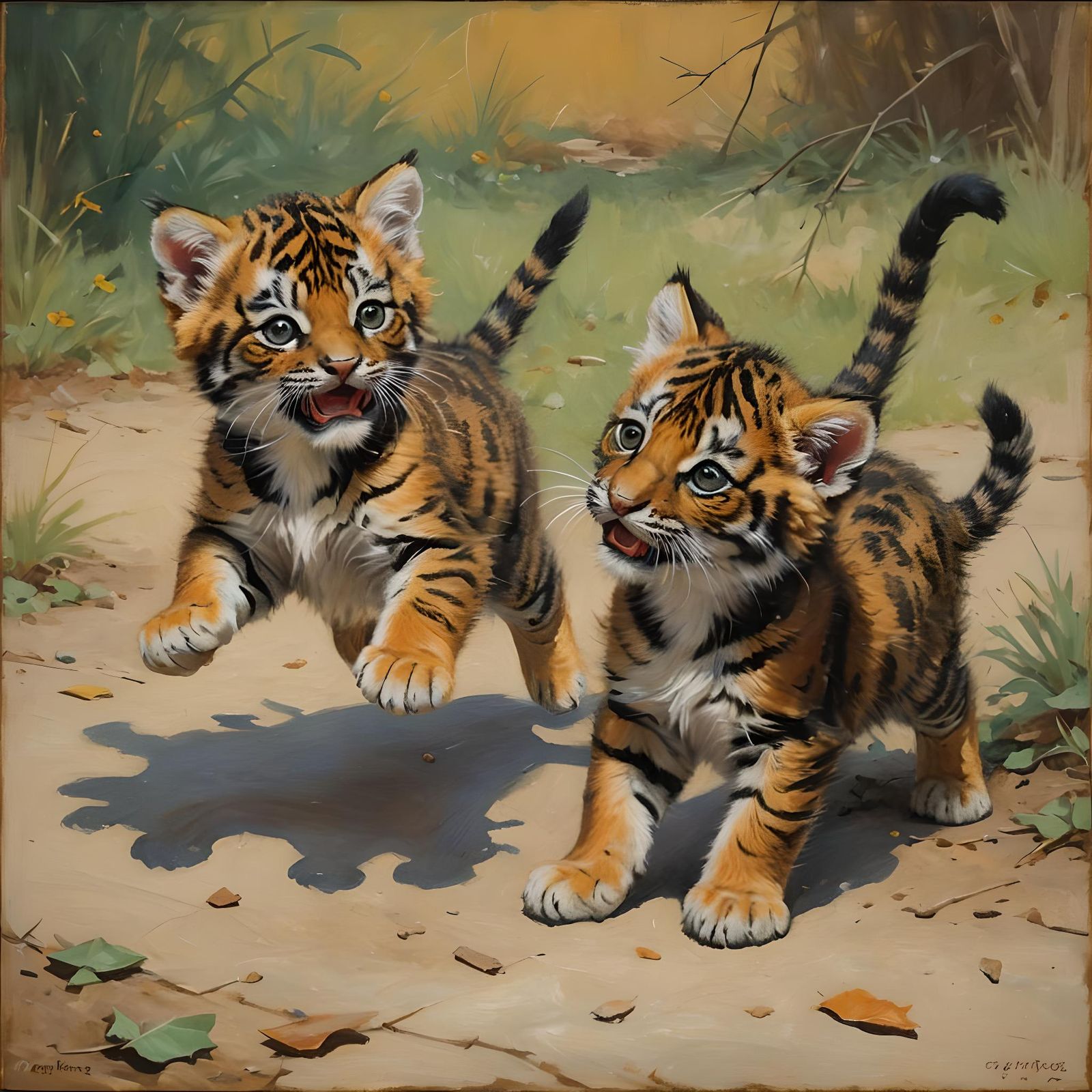 Playful Tiger Kittens Pouncing, Vivid Oil Painting