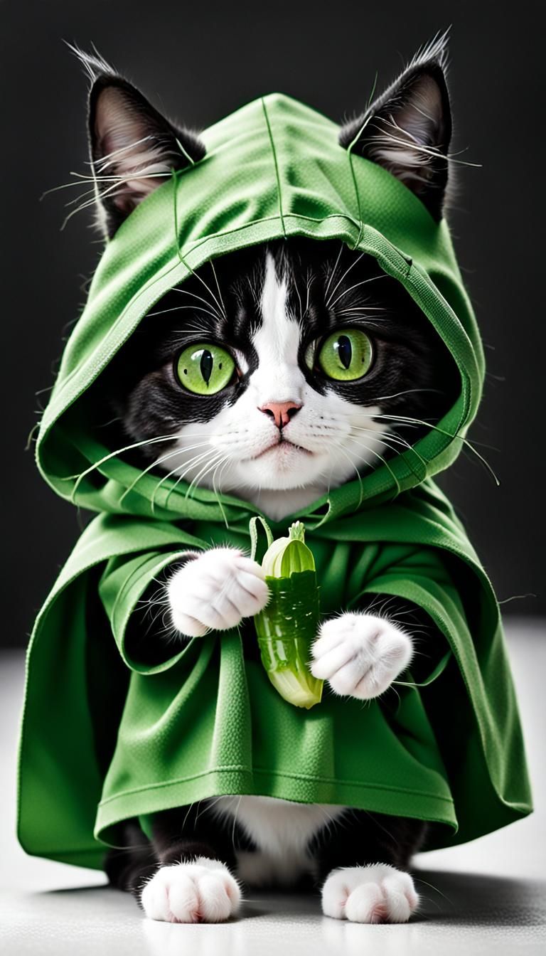 Cute Black and White Cat with Pickle