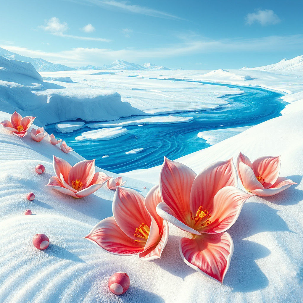 Icy River in Glacial Landscape with Rare Flowers