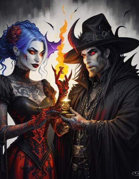 Tattooed Demon Vampire Magician Couple in Graffiti Art Style