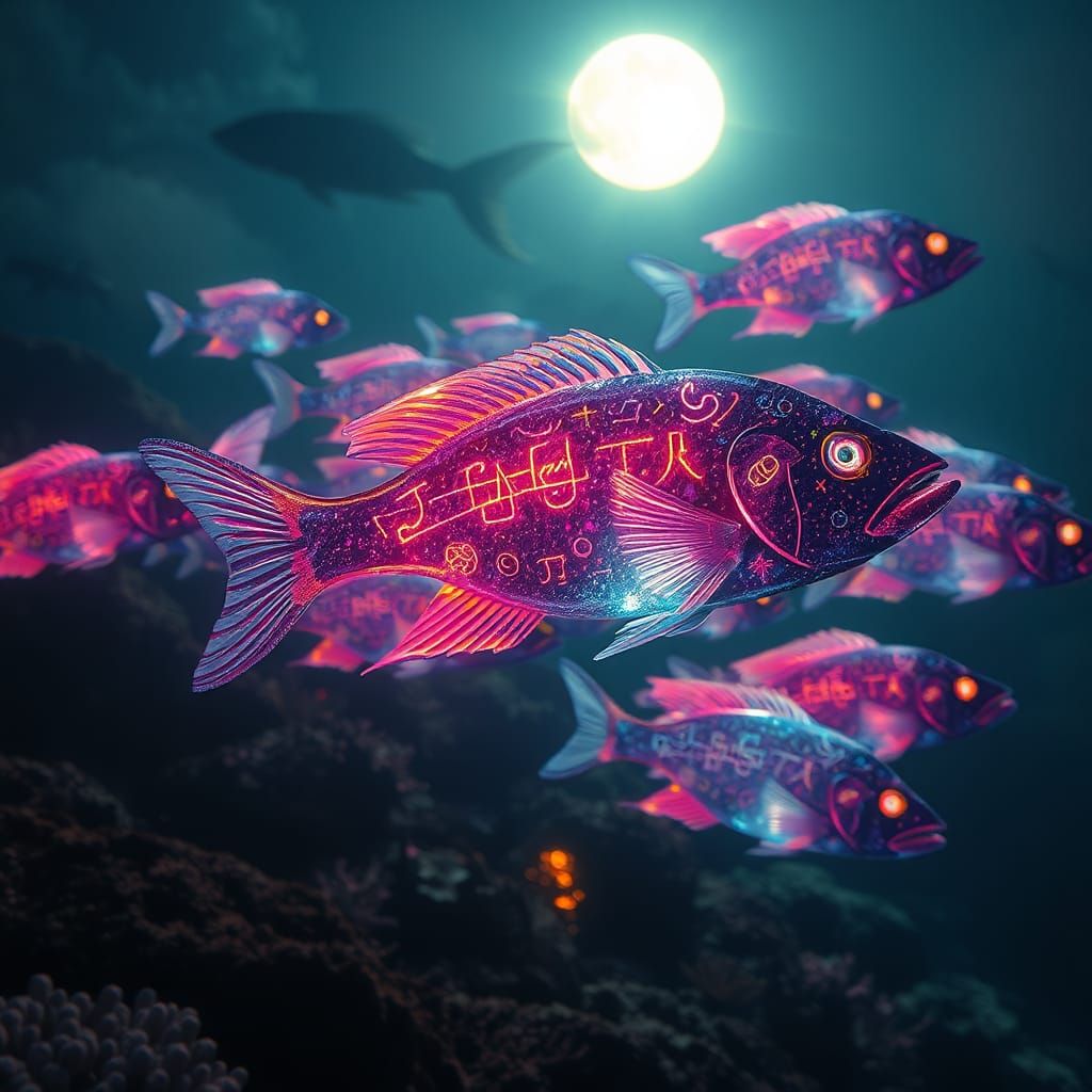 Prismatic Fish School in Moonlit Coral Reef