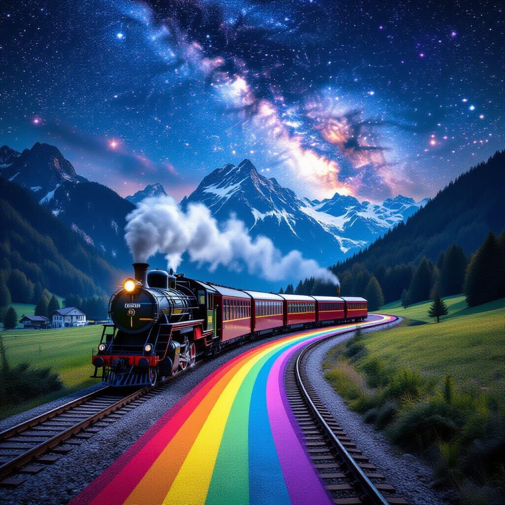 Surreal Magic Train in Austrian Alps Landscape