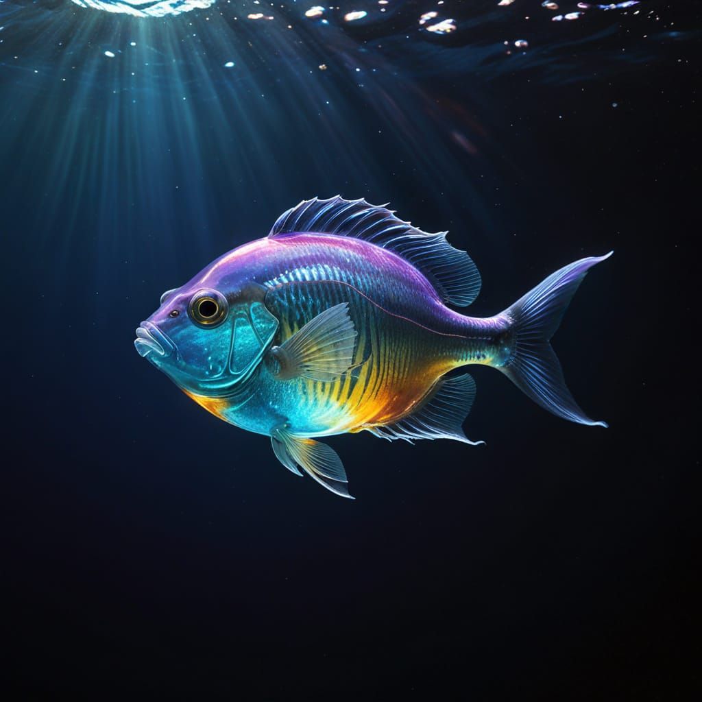 Glass Fishbowl Fish Swimming in Light Blue Ocean