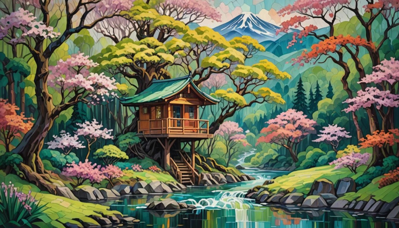 epic, Japanese treehouse in a spring forest and a babbling stream.  Mountains in the distance. Magical sound and feel, h...