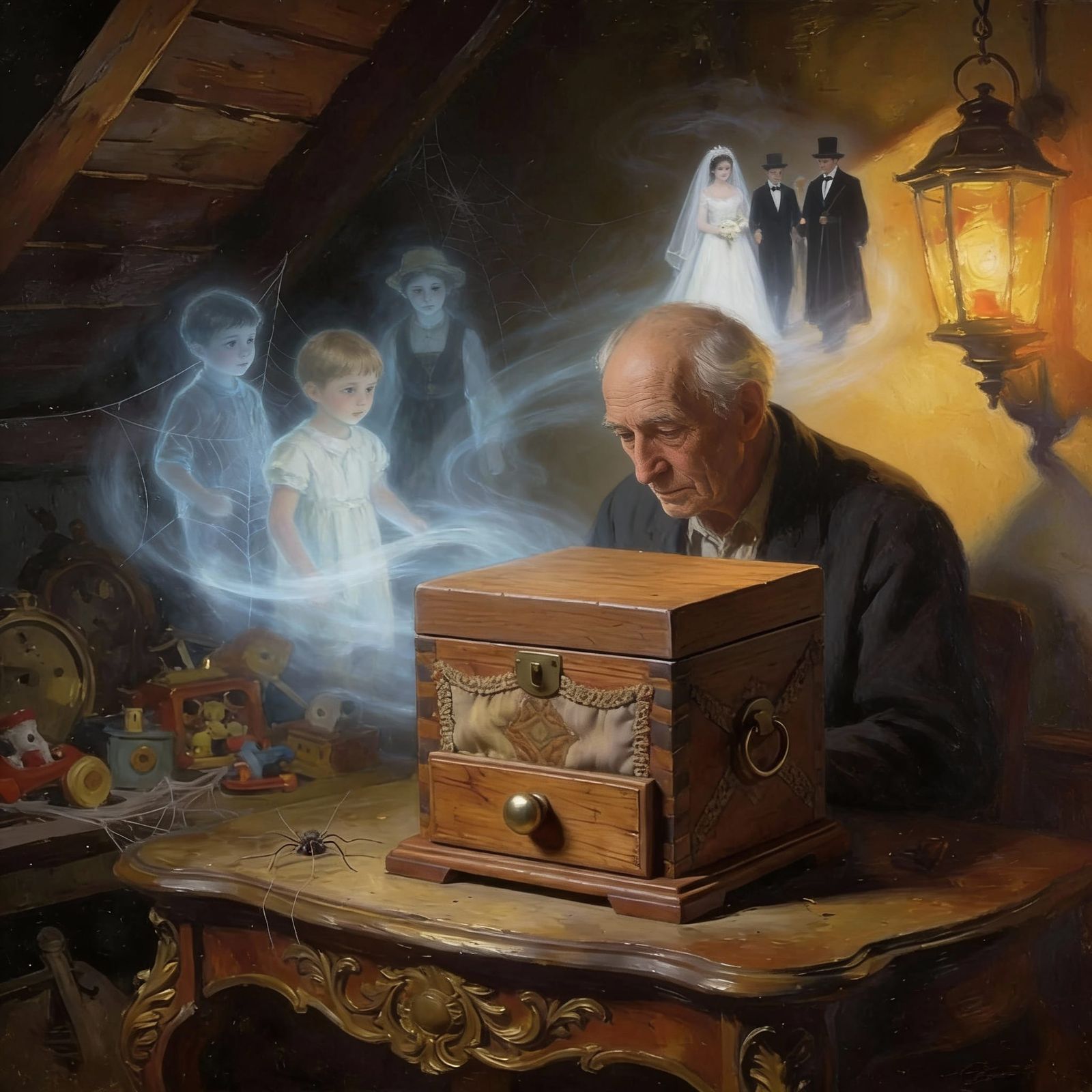 Old Man's Melancholic Memories in Chiaroscuro Oil Painting