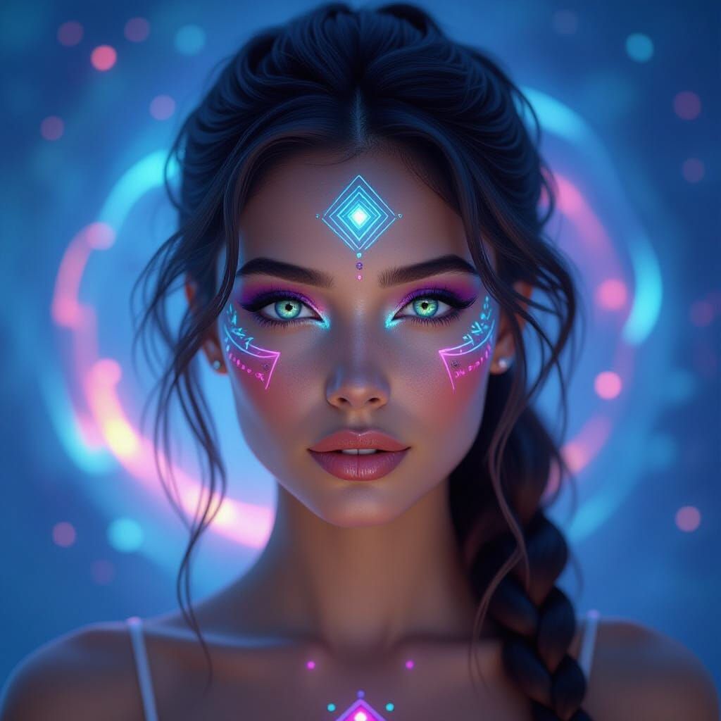 Woman with Geometric Markings and Nebula Background