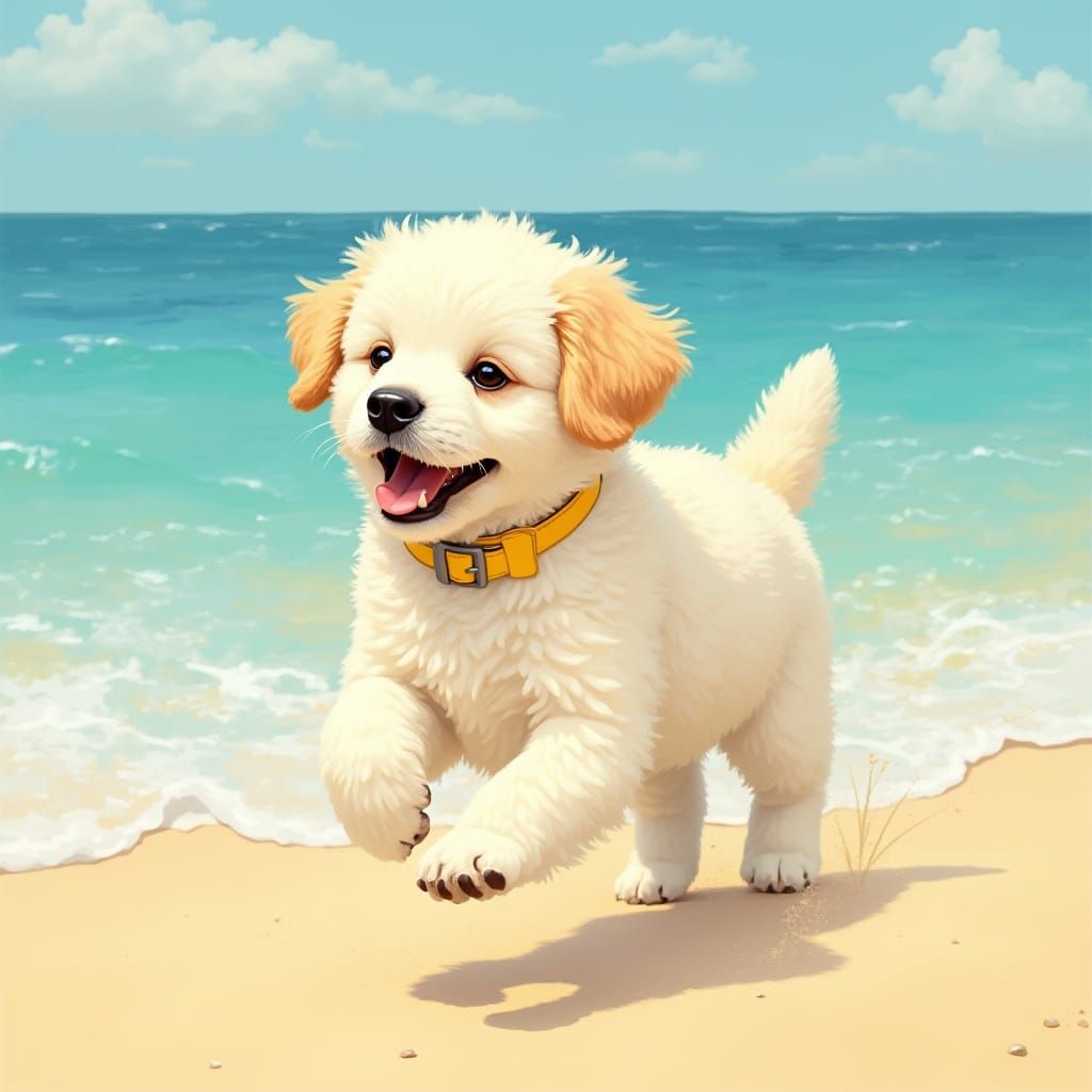 Puppy's Beach Day: Whimsical Art Style