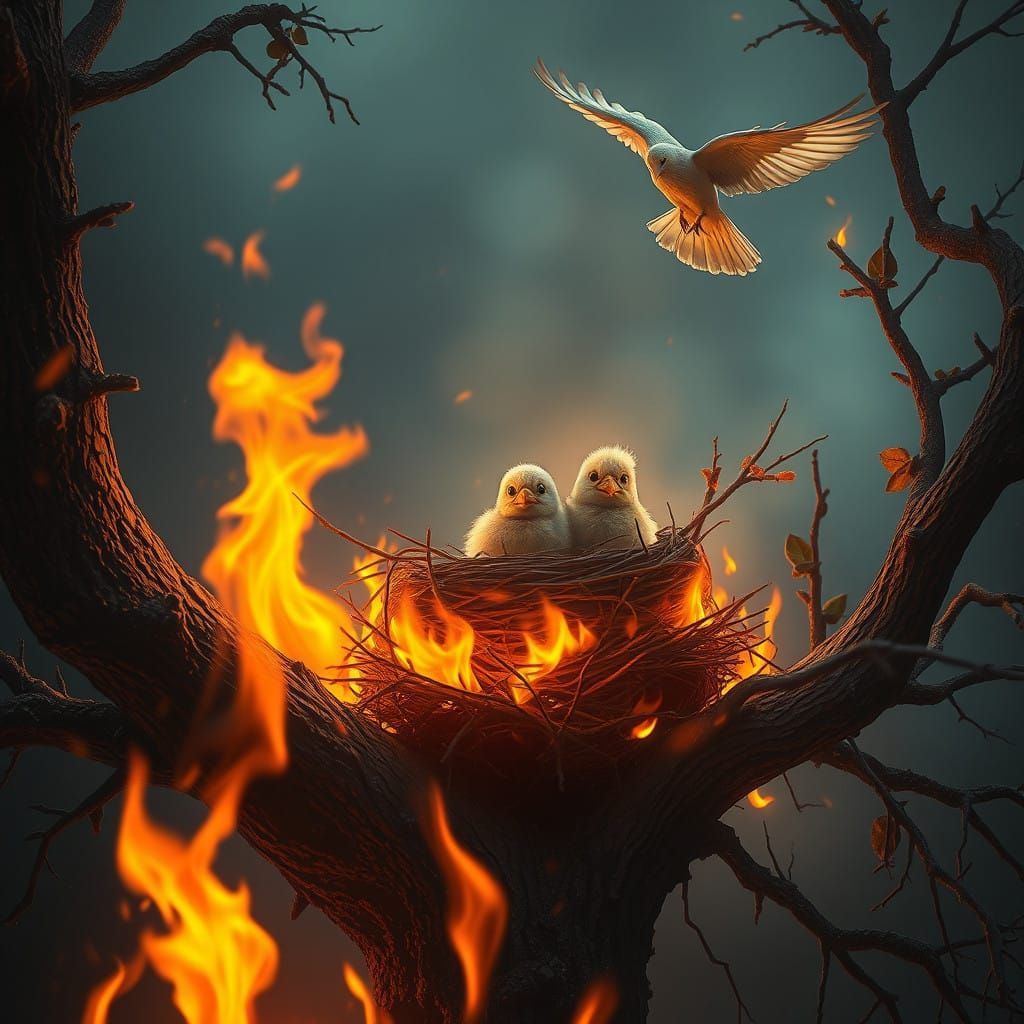Burning Tree Amidst Frightened Fowl, A Mother's Desperate Ru...
