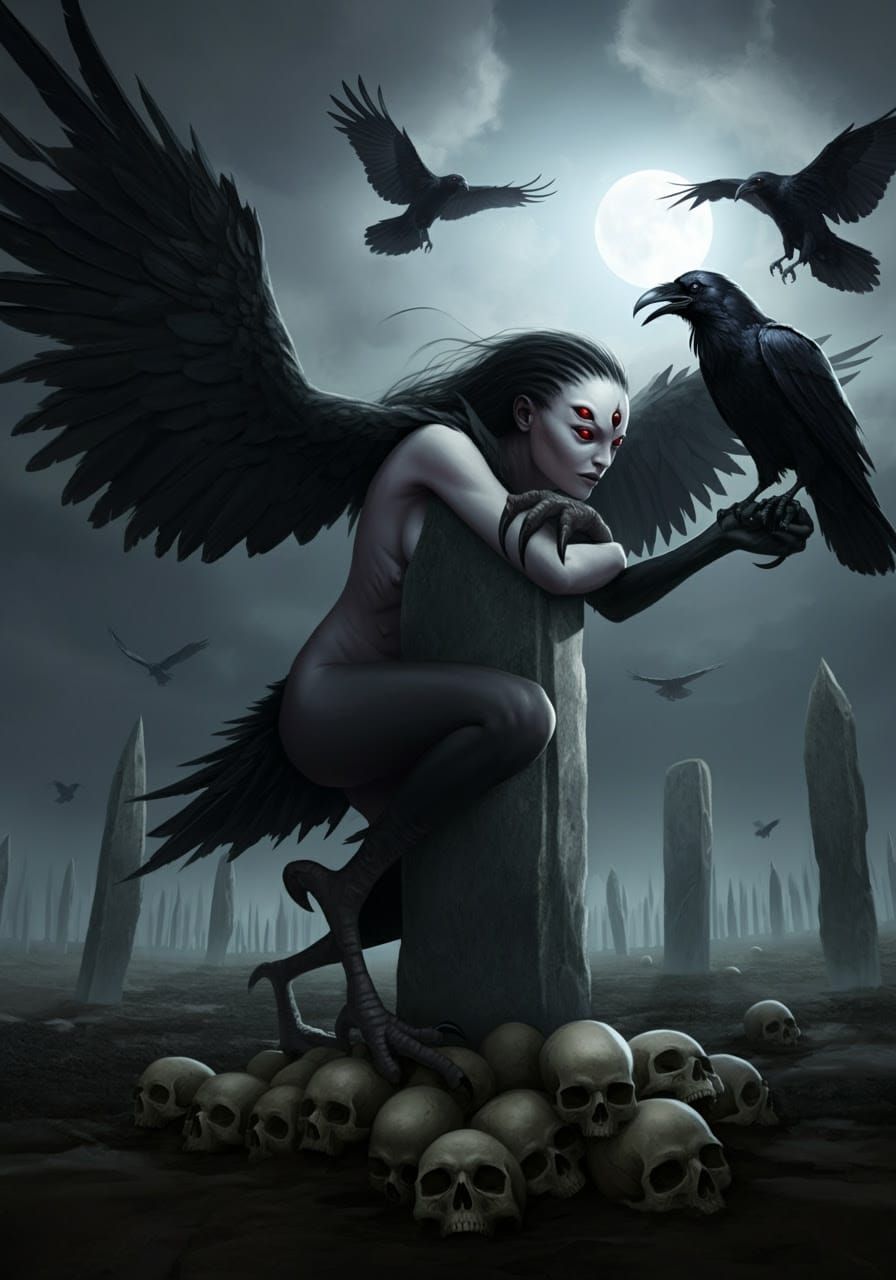 Elden Ring-Inspired Female Harpy Demon Grasping Monolith