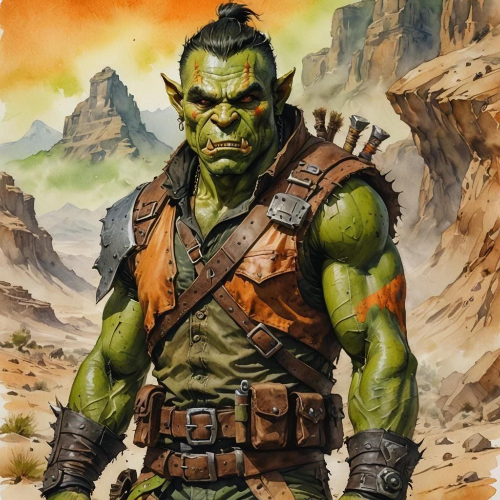 Orc Desert Ranger Portrait in Watercolor Style