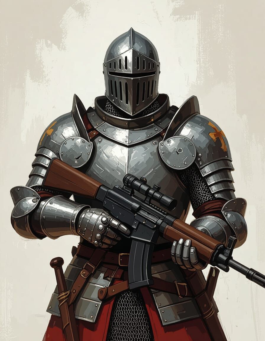 Medieval Knight with Machine Gun in Digital Painting Style