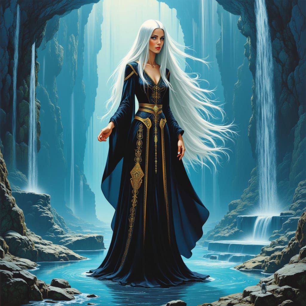 Existential Wizard Woman Amidst Psychedelic Waterfalls