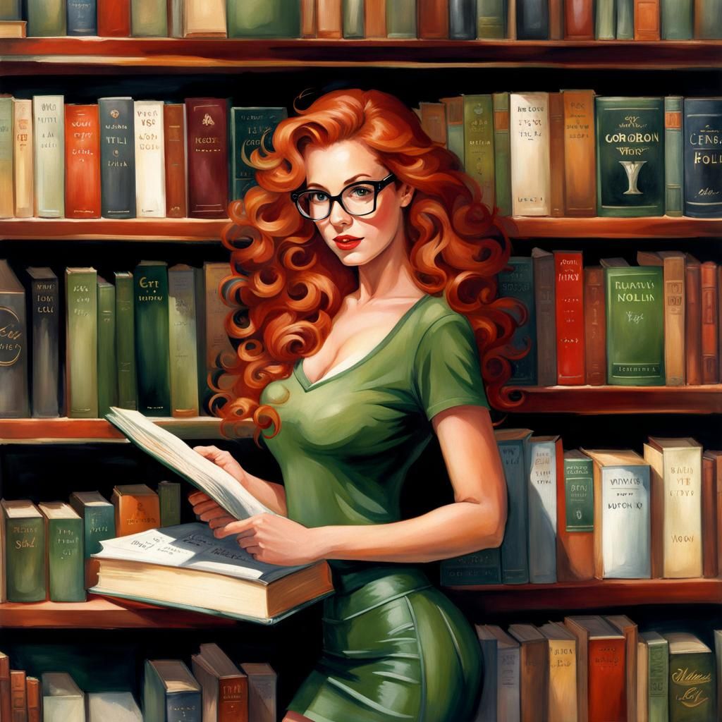 Young Woman with Red Hair in Watercolor Painting