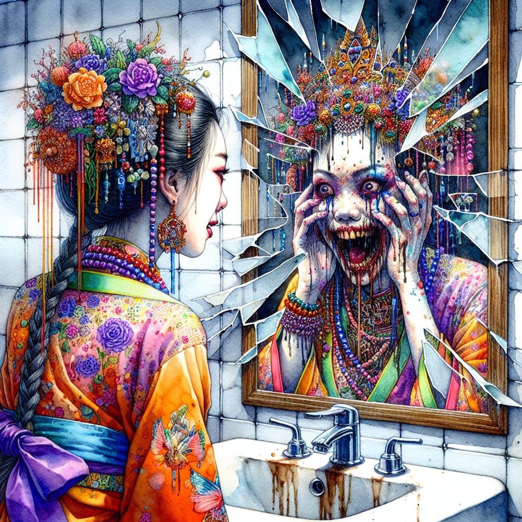 Macabre Asian Woman's Mixed Emotions in Watercolor