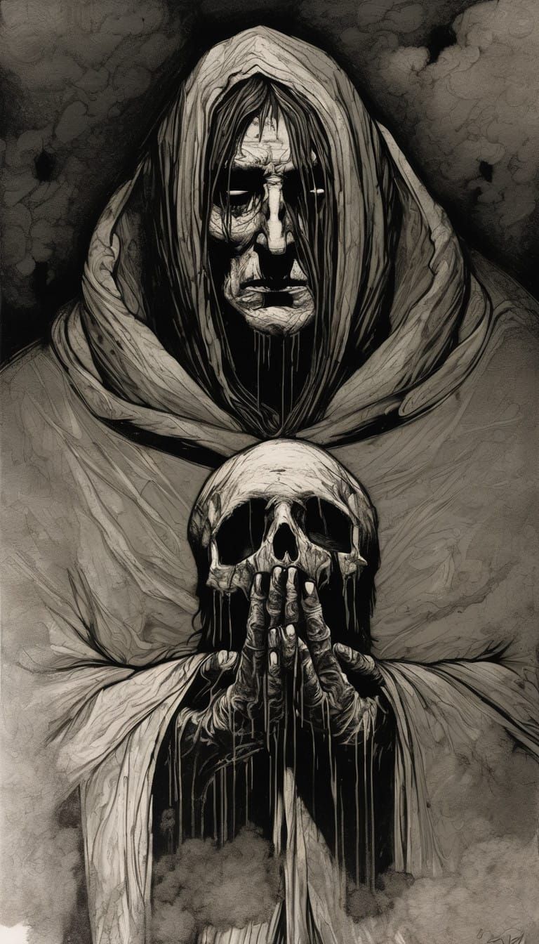 A Dark Figure Grasps a Macabre Ear in a Haunting, Gothic Lan...