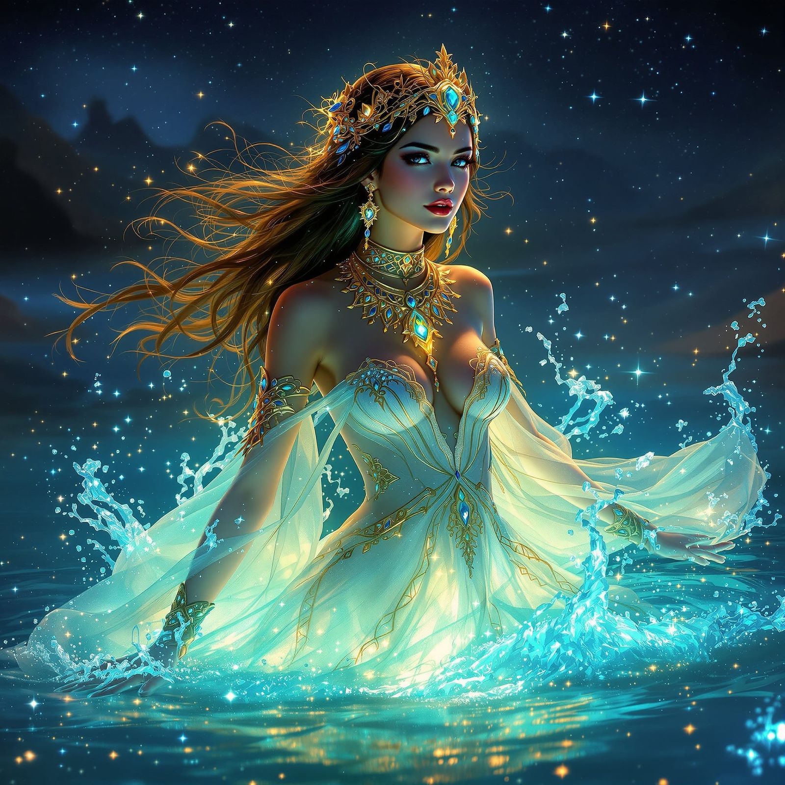 Luminous Water Goddess Emerges from Desert River