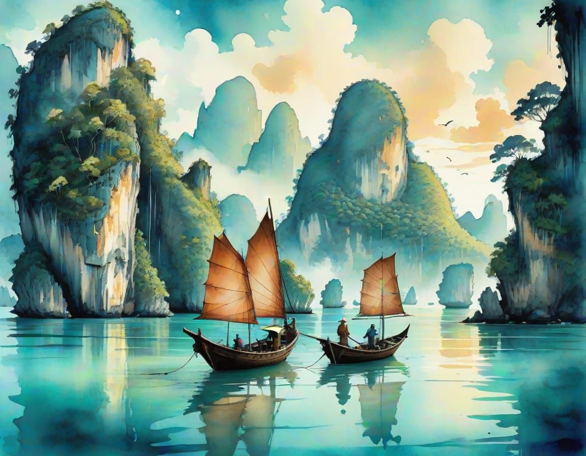 Fisherman in Phang Nga Bay, Ink and Watercolor Fantasy Art