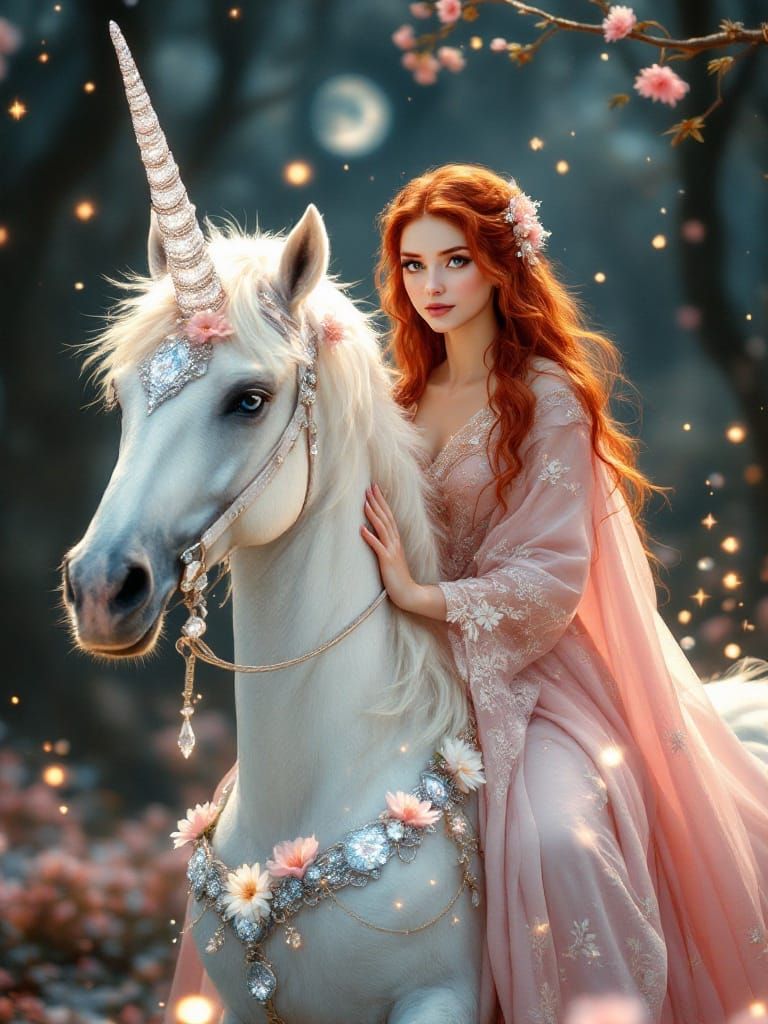 Ethereal Lady Rides Majestic Unicorn Under Glittering Moonli...