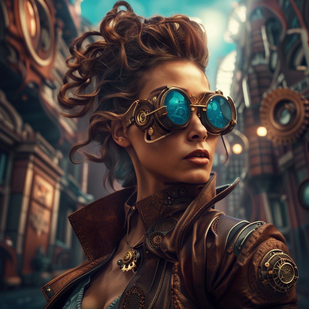 Steampunk Woman on a Futuristic Street
