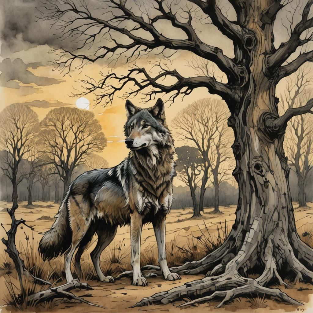 Gray Wolf Illustration in Rackham Style