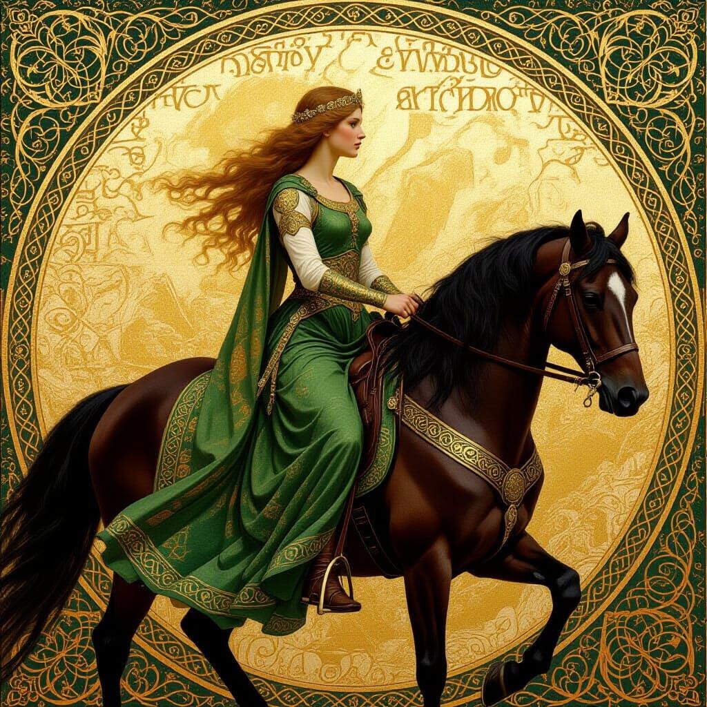 Celtic Princess on Horseback in Medieval Mystical Style