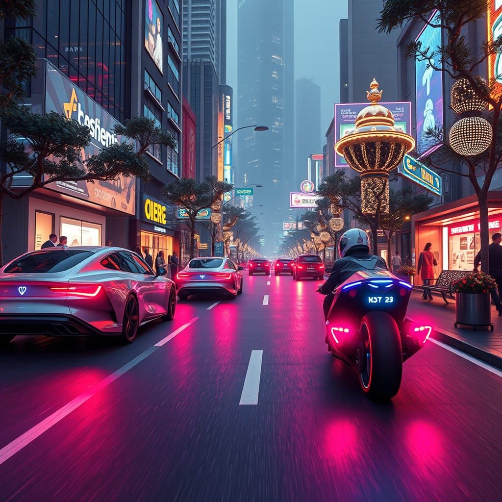 Futuristic City Street Scene with Autonomous Luxury Cars and...