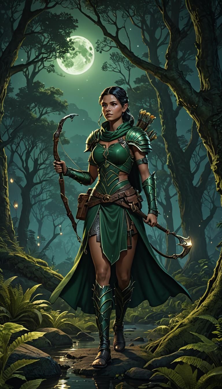 Green Archer Hunting at Night: Fantasy Concept Art