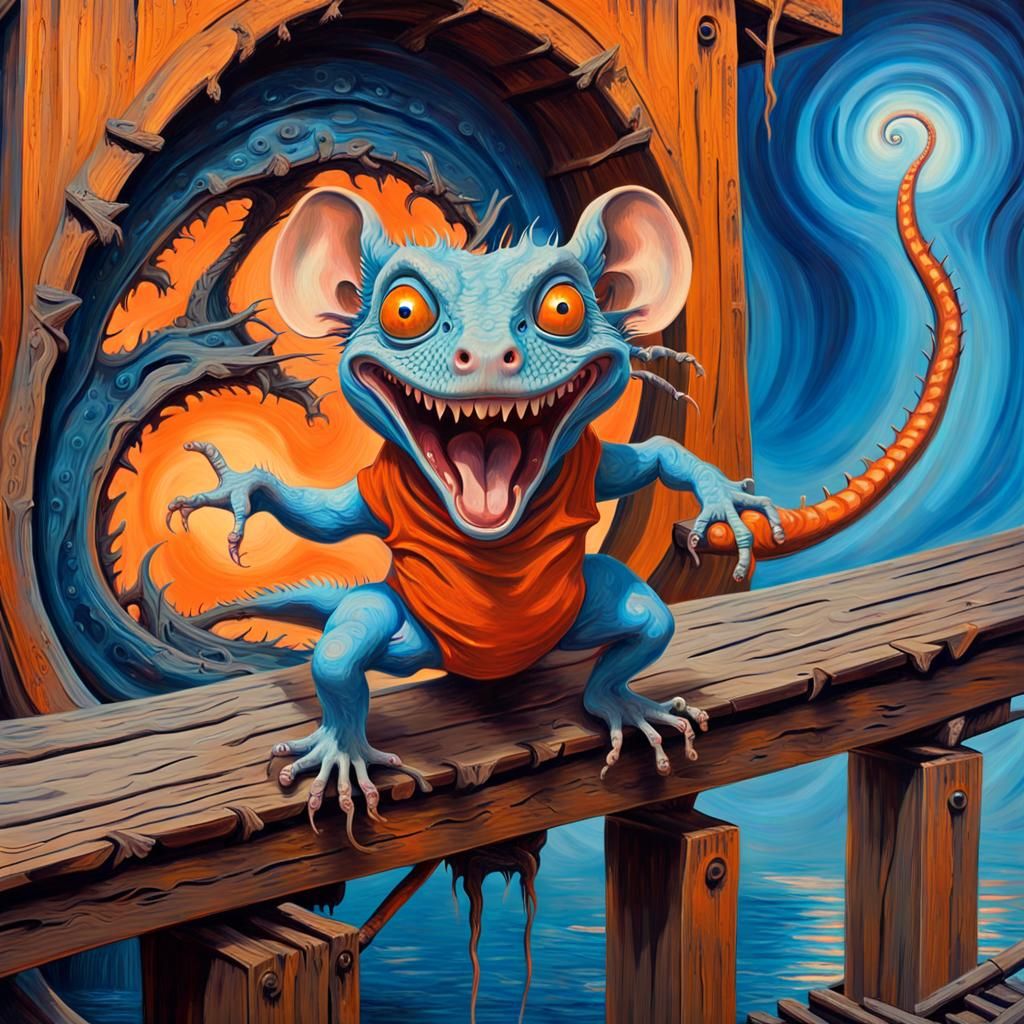 An intensely emotive anthropomorphic screaming gigantic humanoid steampunk lizard-rat wearing a diaper, reminiscent of E...