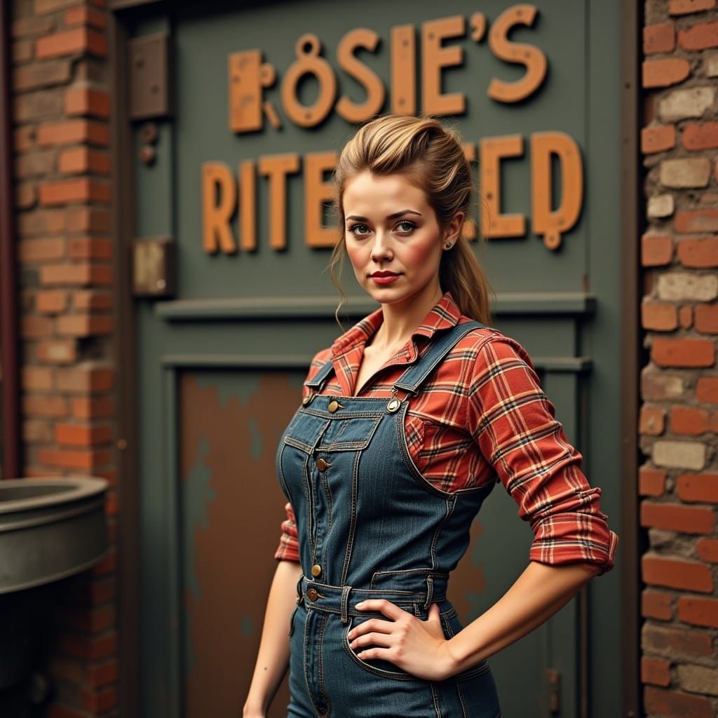 Confident Woman in Factory, Nostalgic Americana Style