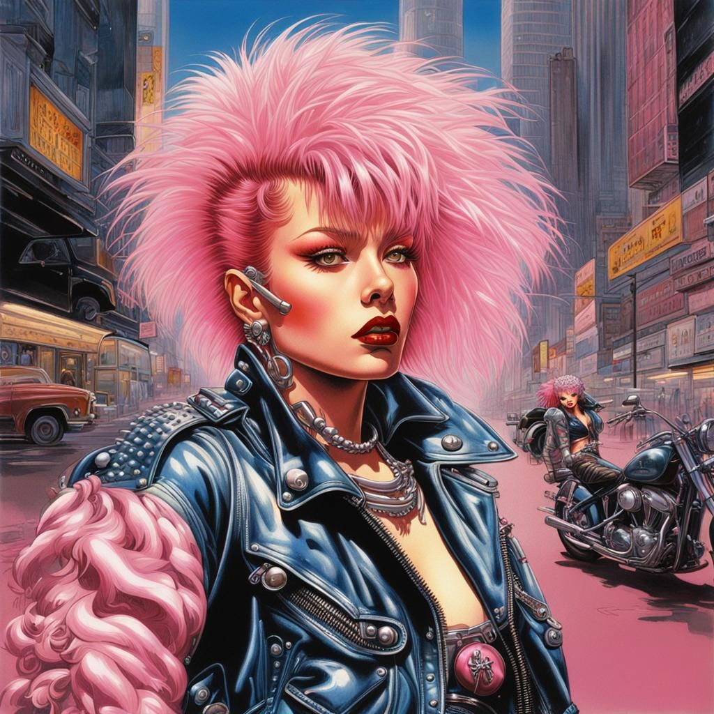 Voluptuous Biker Girl: 80s Style Illustration