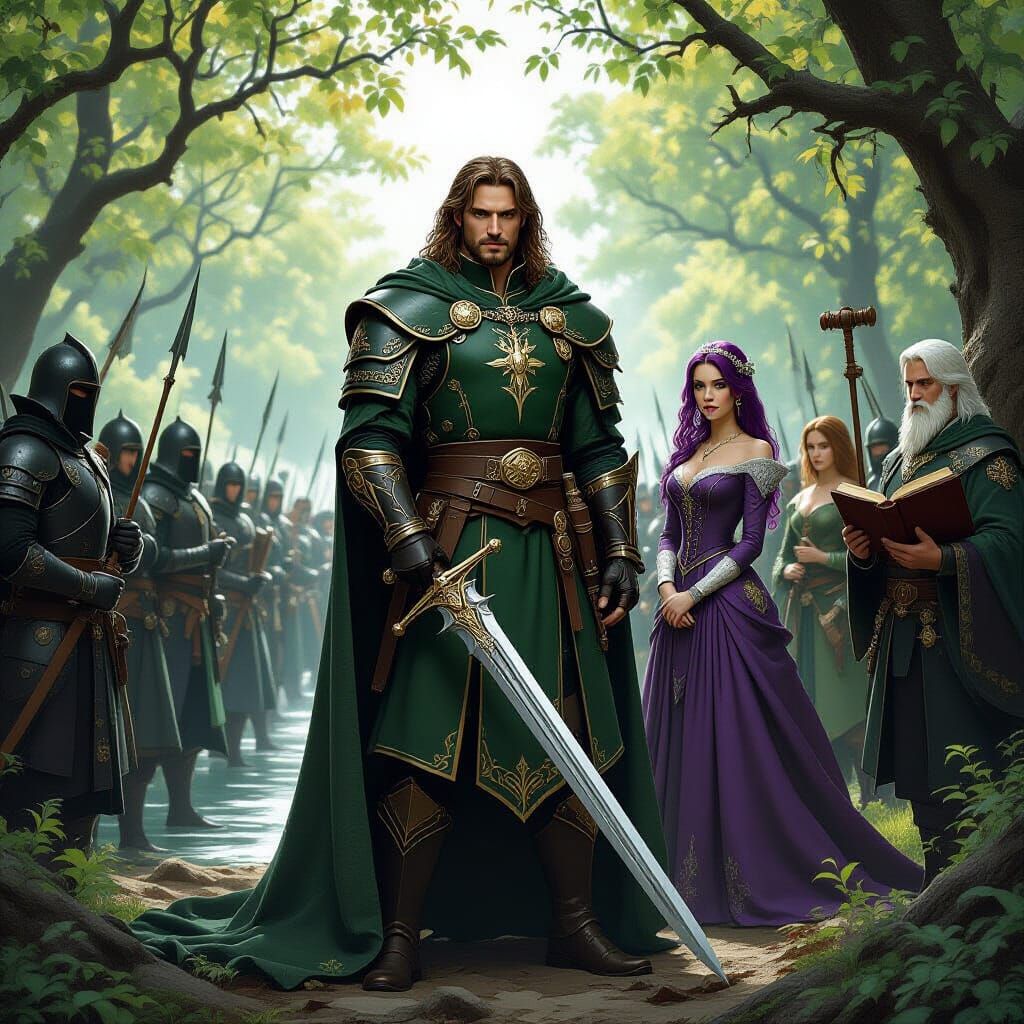 Medieval King Leading Army in Fantasy Grove