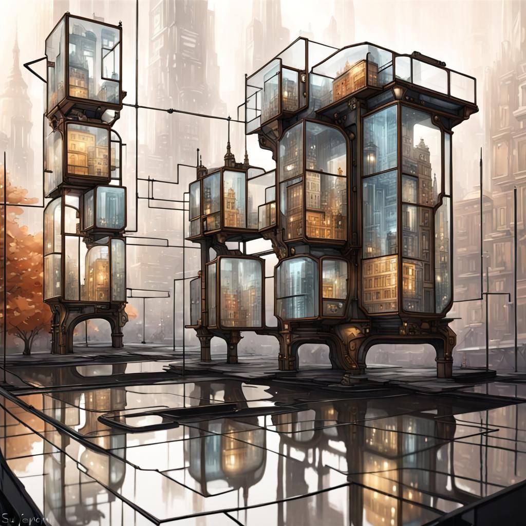 Futuristic Glass City in Mondrian Style