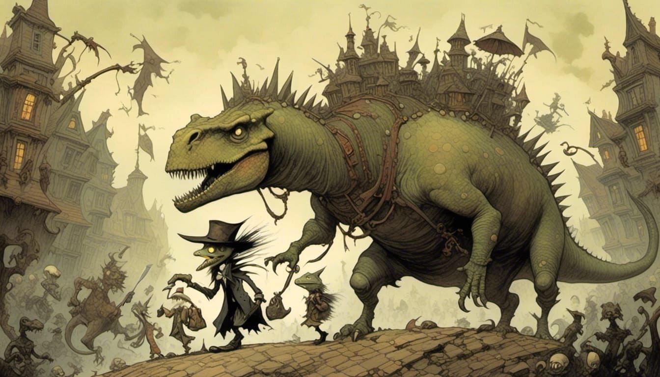 Gothic Dinosaur Illustration in Burton Style
