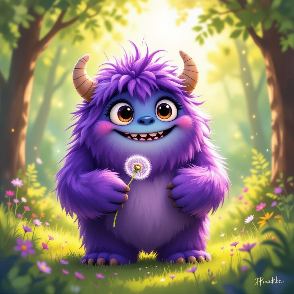 Friendly Fluffy Monster in Magical Forest Clearing