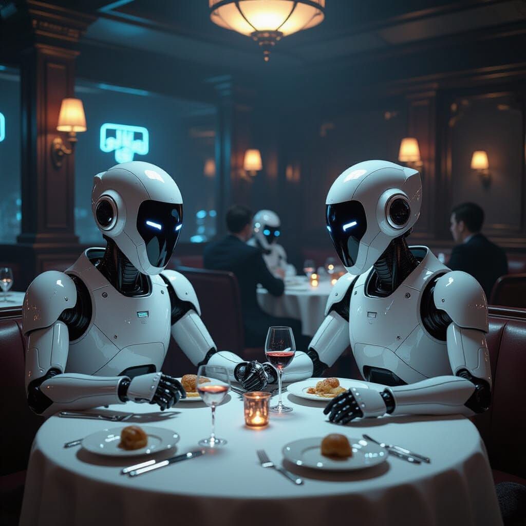 Robots Enjoying Cooked Bats in Cyberpunk Restaurant