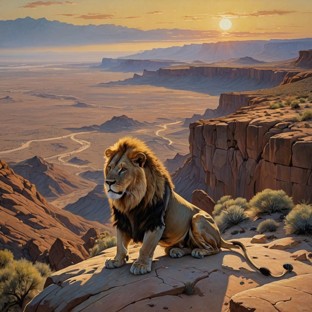 Lion on Cliff at Sunset, Oil Painting