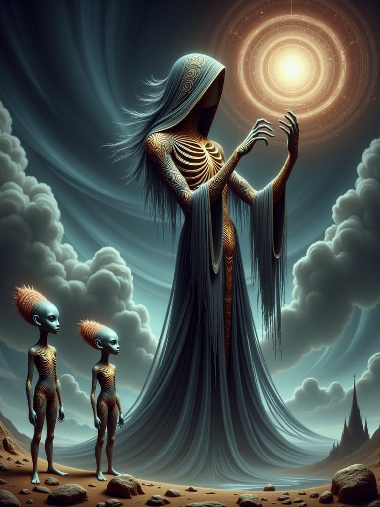 Aliens Witnessing Grim Reaper in 3D Anime Art