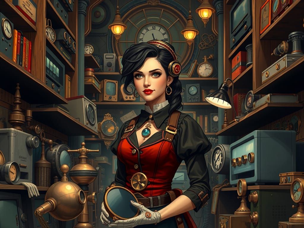 Steampunk Electronics Shop with Female Clerk