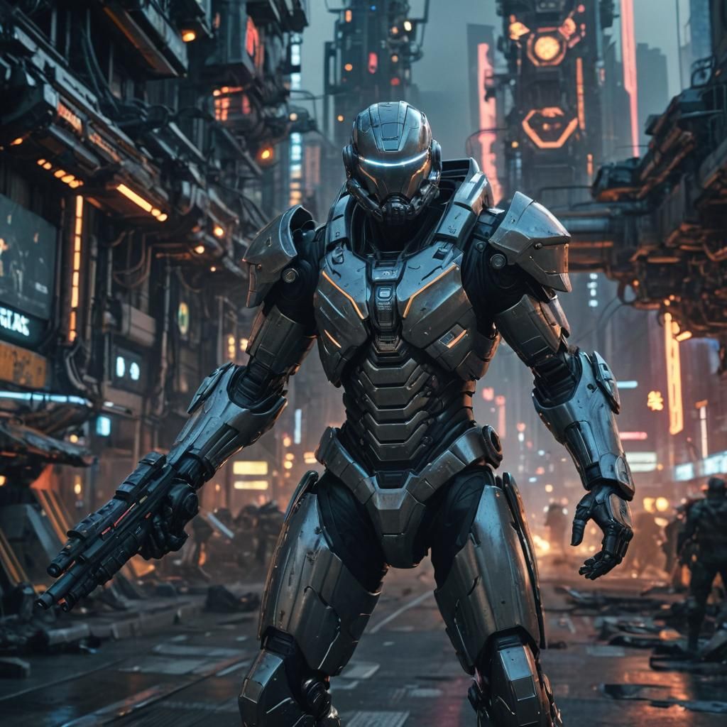 High-Tech Warrior in Futuristic War Zone