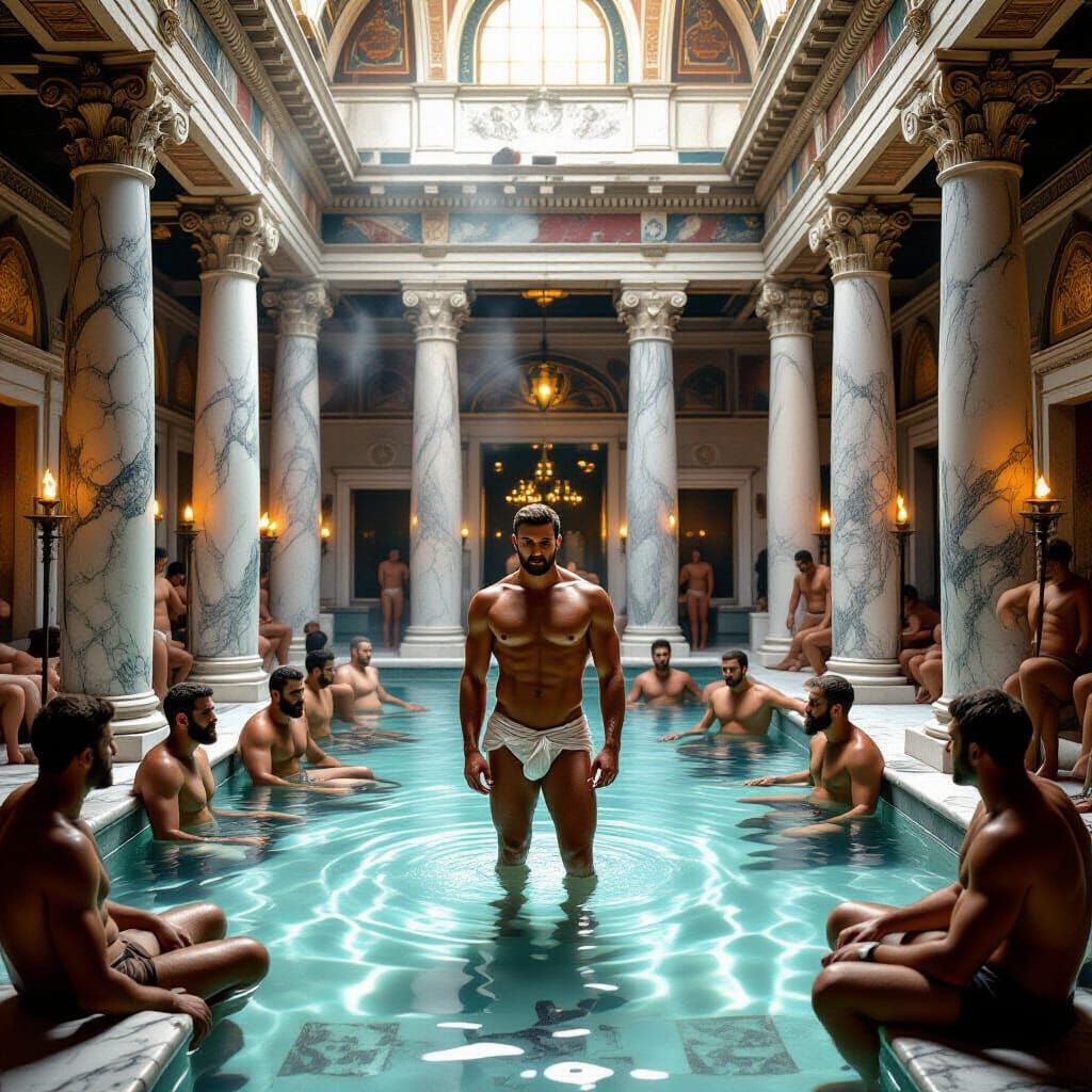 Steamy Greek Bathhouse with Sculpted Men