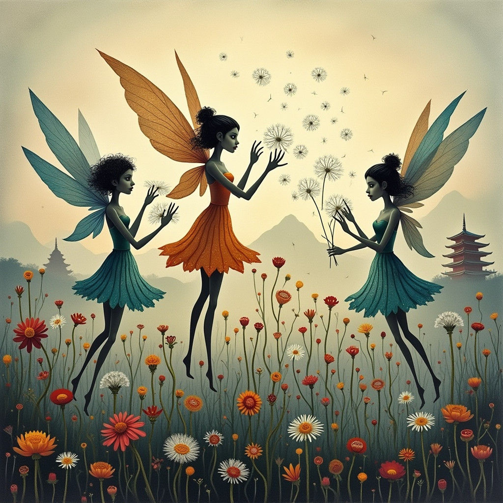 Fairies' Dandelion Dreamscape, Inspired by Burton and Picass...
