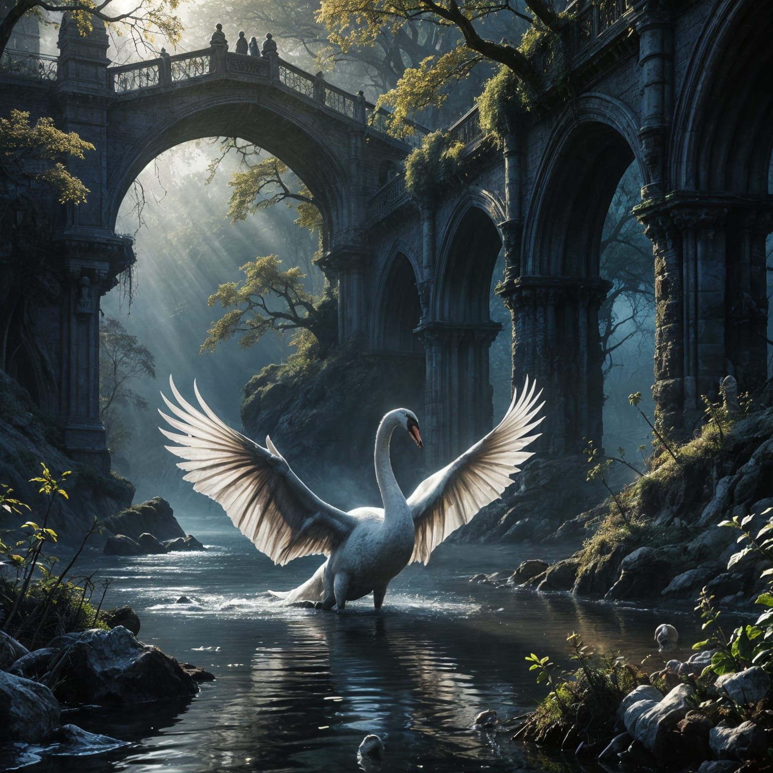 Dragon-Swan Under Gothic Bridge, Hyperrealistic Dark Fantasy