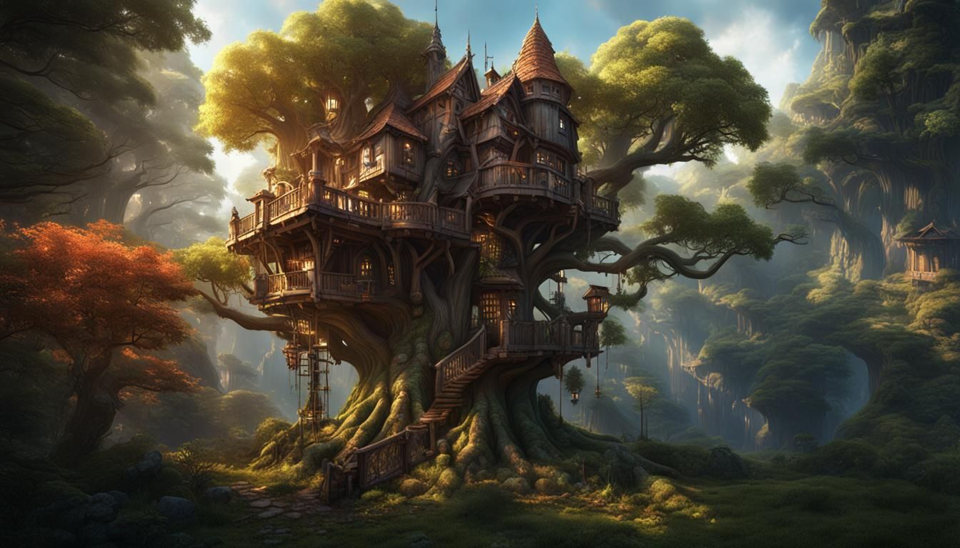Detailed Treehouse Towers in Deep Forest, Fantasy Art